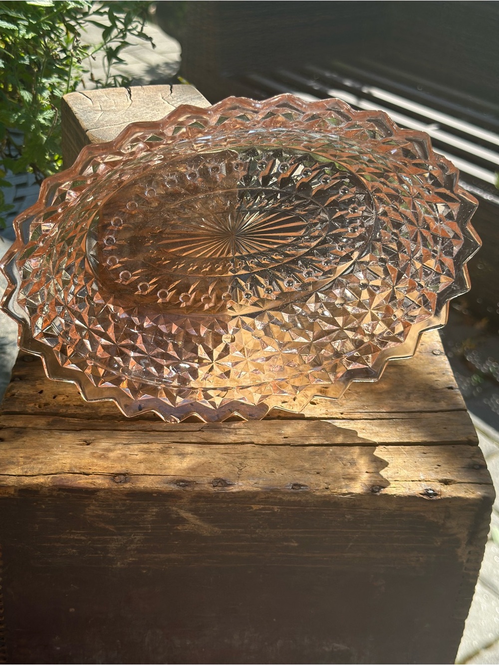 Vintage Pink Pressed Glass Oval Serving Bowl Scalloped Sawtooth Edge